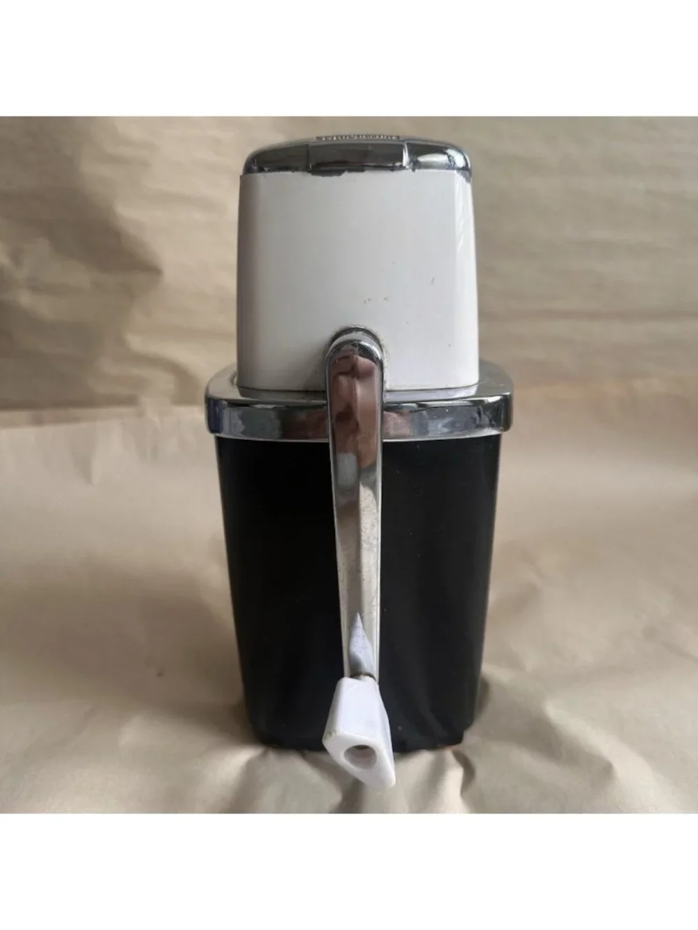 Vintage Counter Top Ice Crusher Hand Crank MCM Retro Kitchen Ivory Black Silver